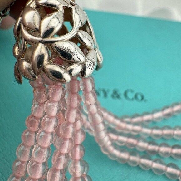 RARE Tiffany & Co. Olive Leaf Rose Quartz Tassel Necklace Sterling Silver 28"