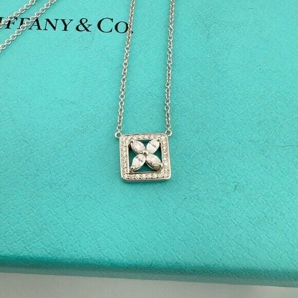 Tiffany & Co. Diamond Victoria Square Outline Pendant 16" in Platinum