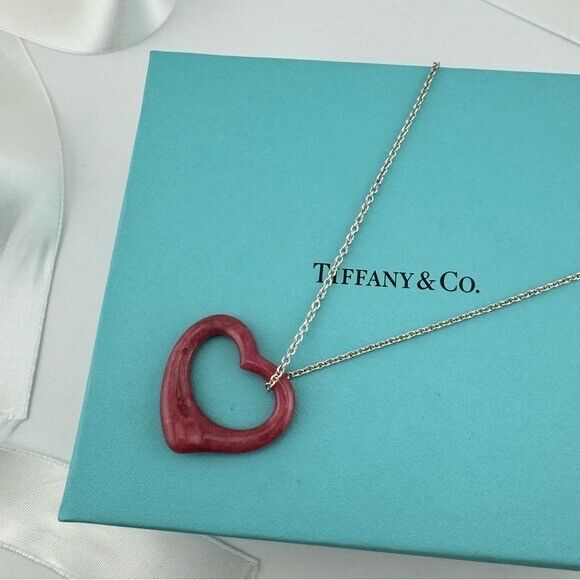 RARE Tiffany & Co. 27mm Pink Rhodonite Open Heart Pendant Necklace 18"