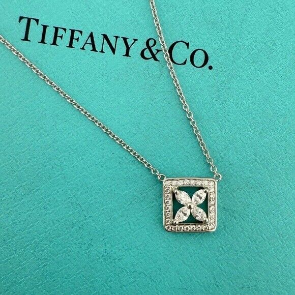Tiffany & Co. Diamond Victoria Square Outline Pendant 16" in Platinum