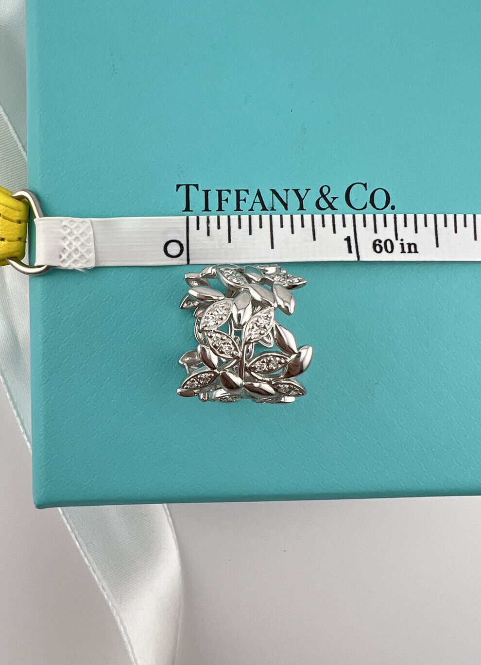 +$7500 Tiffany & Co 18k Diamond Olive Leaf Wide Band Ring White Gold 7.5g