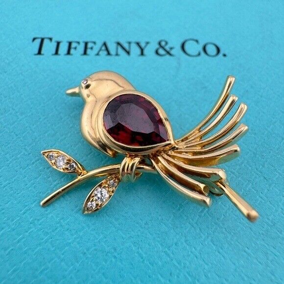 Vintage Tiffany & Co. Garnet Diamond Bird Brooch 18k Yellow Gold from 1988