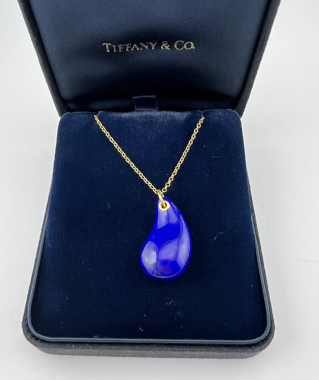 Tiffany & Co. Large Lapis Lazuli Teardrop Necklace 18k Yellow Gold 24"