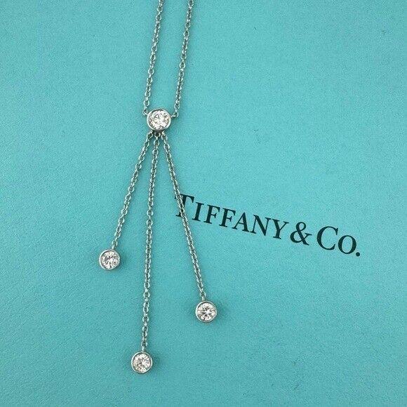 RARE Tiffany & Co. Platinum Triple Diamond Drop Lavalier Necklace 16"
