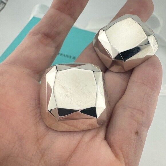 Vtg. Tiffany & Co. Elsa Peretti HUGE Faceted Square Earrings Sterling Silver