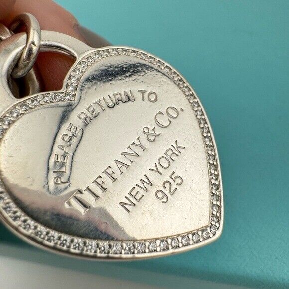 RARE Tiffany & Co. Sterling Silver Large Diamond Heart Tag Bracelet