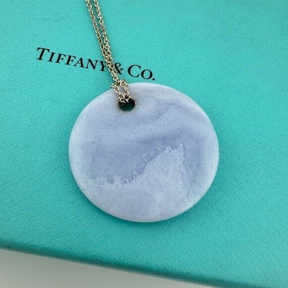 RARE Tiffany & Co. 35mm Blue Lace Agate Disc Mesh Necklace Elsa Peretti