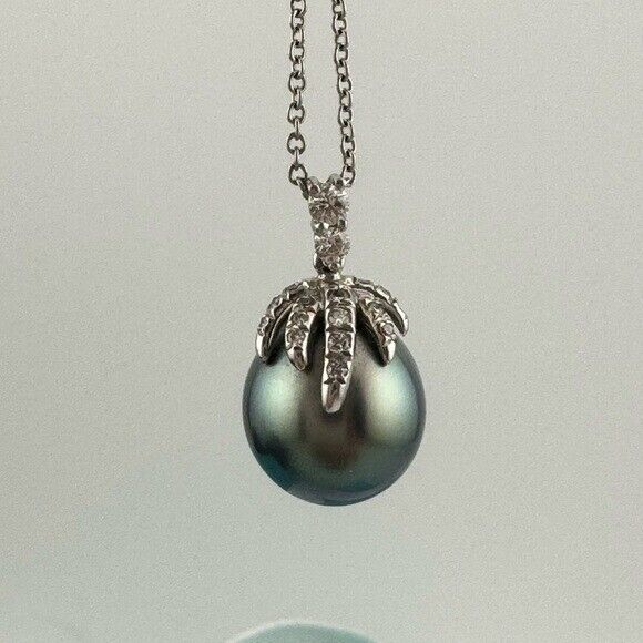 Tiffany & Co. Fireworks Platinum Tahitian Pearl & Diamond Pendant Necklace 18"