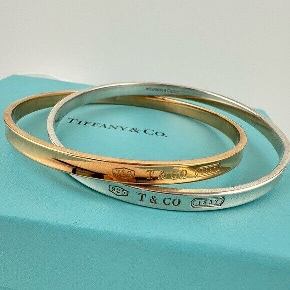 RARE Tiffany & Co. 18k Rose Gold & Silver Interlocking 1837 Bangles Bracelet