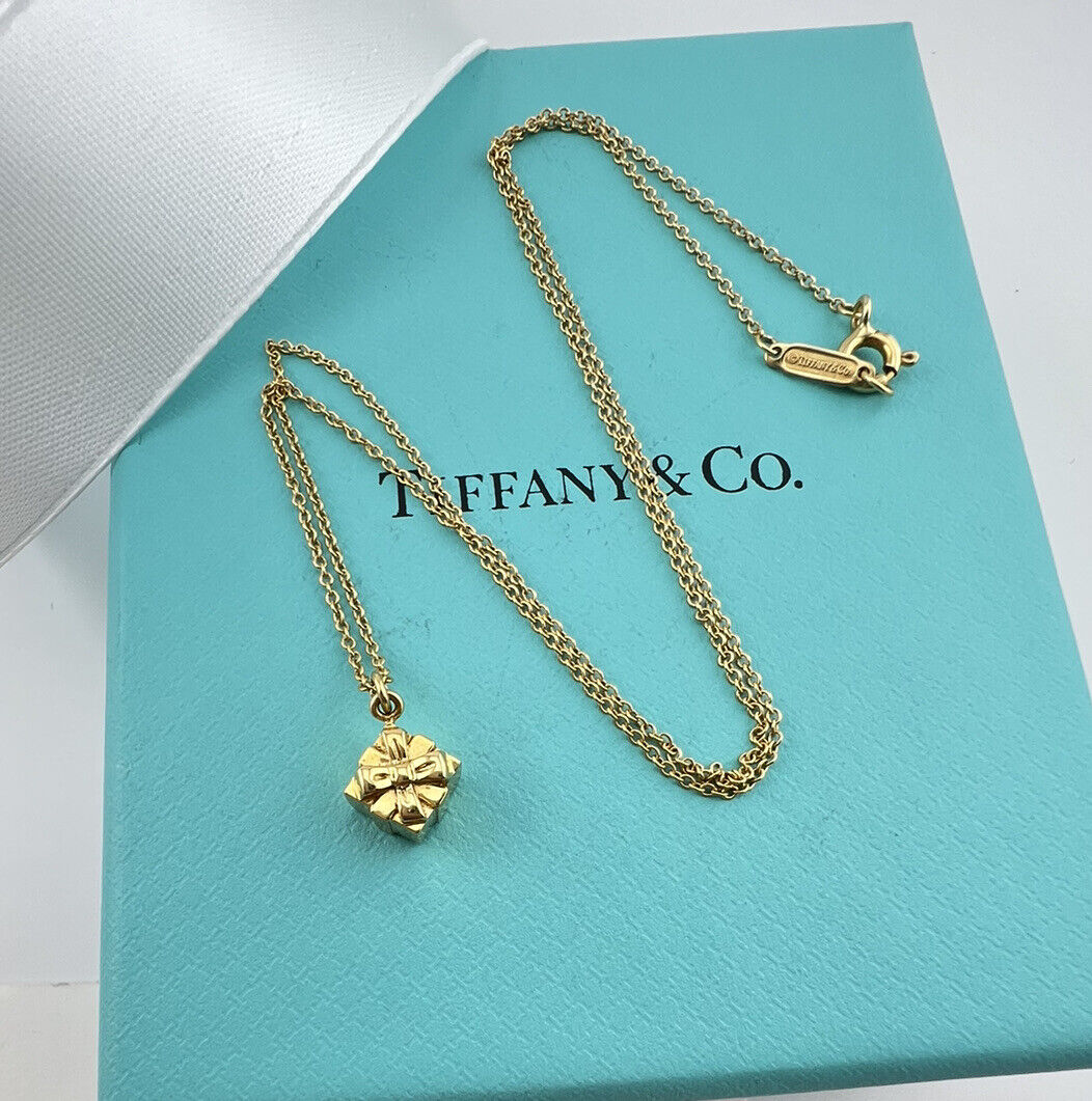 RARE Tiffany & Co. Mini Gift Box Necklace in 18k Yellow Gold 16.5"