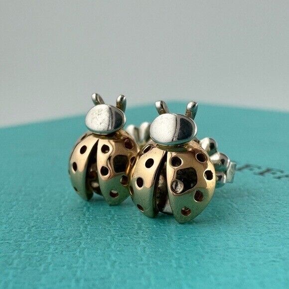 RARE Tiffany & Co. Love Bug Ladybug Earrings in 18k Rose Gold and Silver