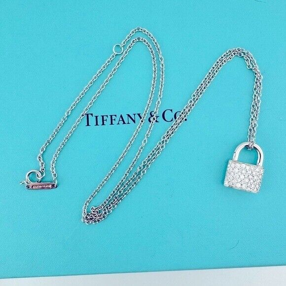 RARE Tiffany & Co. 18k Pave Diamond Padlock Necklace White Gold