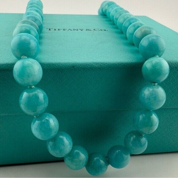 RARE Tiffany & Co. 10mm Amazonite Gemstone Necklace 18" Sterling Silver