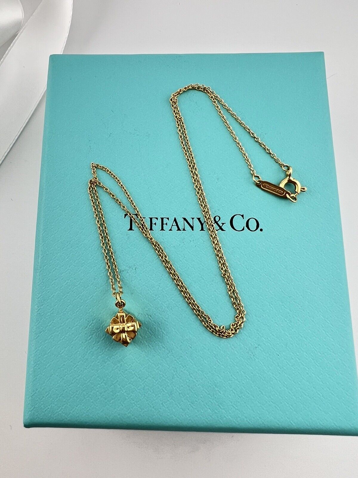 RARE Tiffany & Co. Mini Gift Box Necklace in 18k Yellow Gold 16.5"