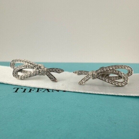 RARE Tiffany & Co. Pave Diamond Bow Earrings 18K White Gold