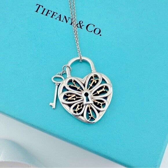 RARE Tiffany & Co. Two-Tone Filigree Heart Necklace 18k and Sterling Silver