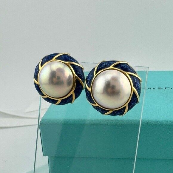 Vintage Tiffany & Co. Mabe Pearl Clip Earrings Blue Enamel 18k Yellow Gold 23g