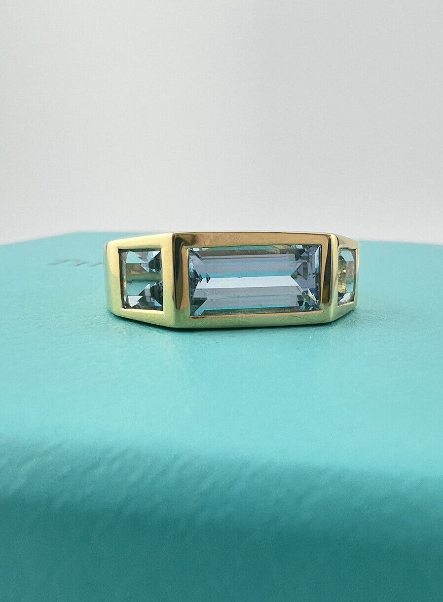 Tiffany & Co. Paloma's Studio Baguette Three-stone Ring Blue Topaz 18k Gold