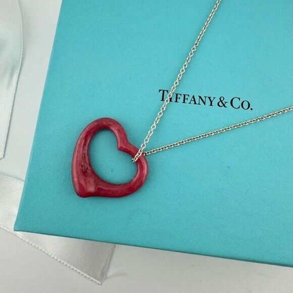 RARE Tiffany & Co. 27mm Pink Rhodonite Open Heart Pendant Necklace 18"
