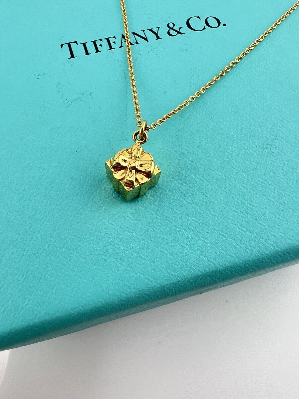 RARE Tiffany & Co. Mini Gift Box Necklace in 18k Yellow Gold 16.5"