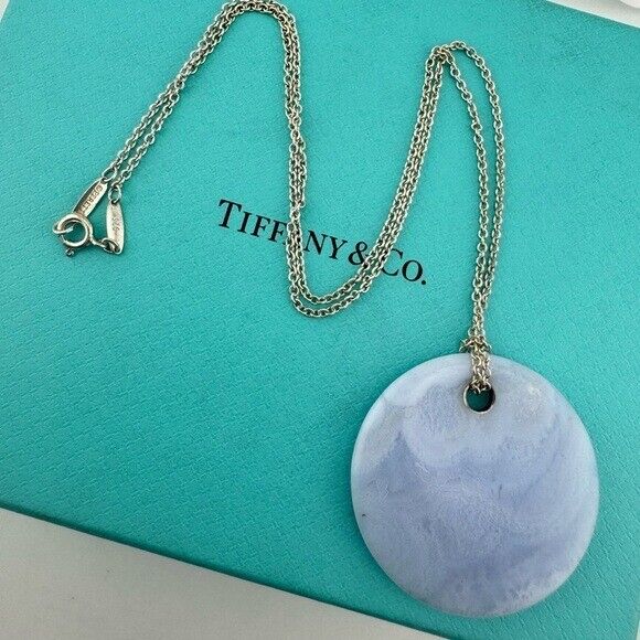 RARE Tiffany & Co. 35mm Blue Lace Agate Disc Mesh Necklace Elsa Peretti