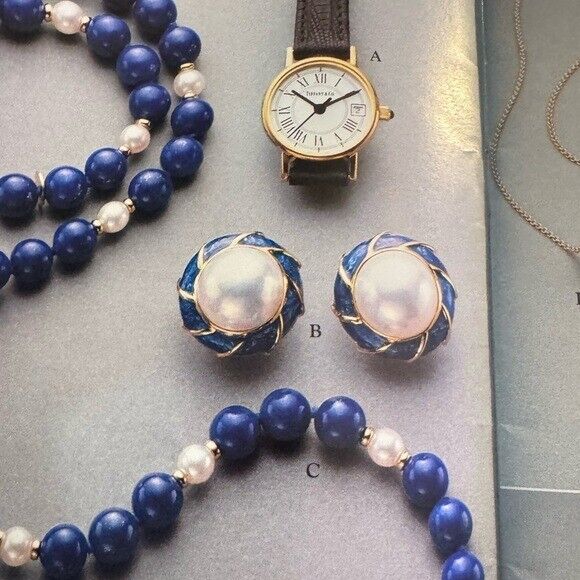 Vintage Tiffany & Co. Mabe Pearl Clip Earrings Blue Enamel 18k Yellow Gold 23g