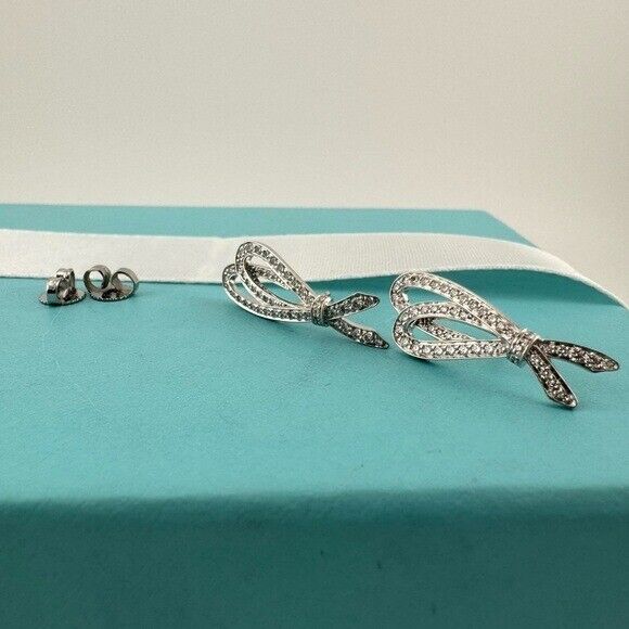 RARE Tiffany & Co. Pave Diamond Bow Earrings 18K White Gold