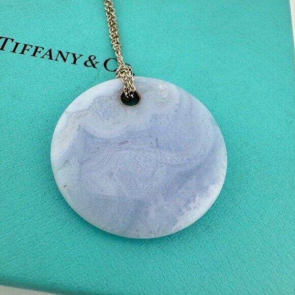 RARE Tiffany & Co. 35mm Blue Lace Agate Disc Mesh Necklace Elsa Peretti