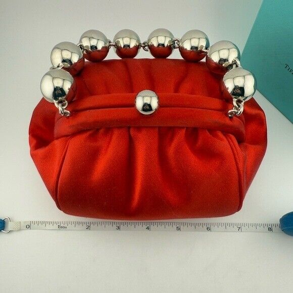 RARE Tiffany & Co. Red Satin Handbag with Silver Ball Bracelet Handle Strap
