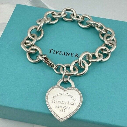RARE Tiffany & Co. Sterling Silver Large Diamond Heart Tag Bracelet