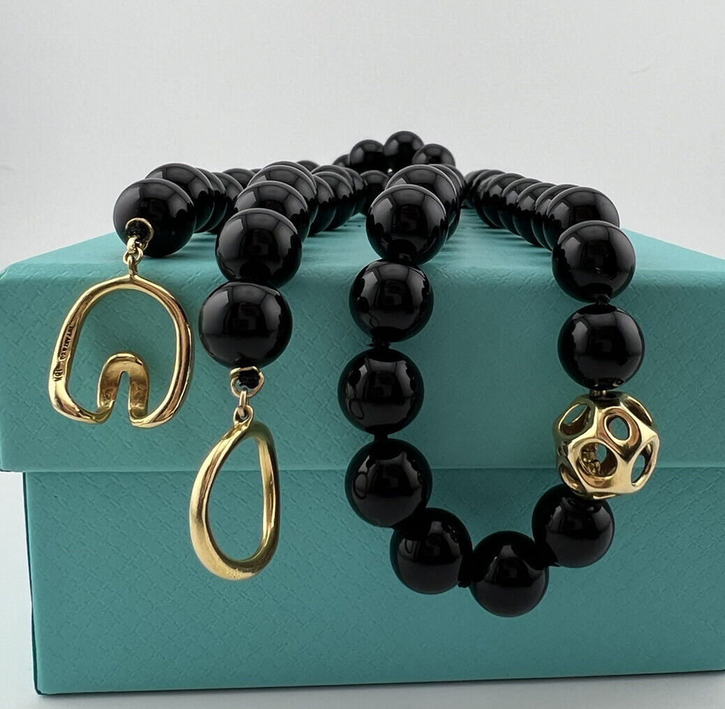1990 Vintage Tiffany & Co. 18k Onyx Bead Necklace w Yellow Gold Accents
