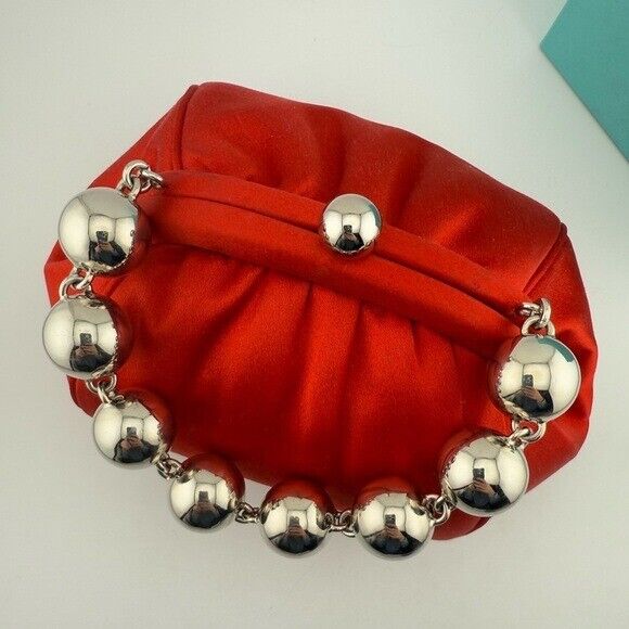 RARE Tiffany & Co. Red Satin Handbag with Silver Ball Bracelet Handle Strap