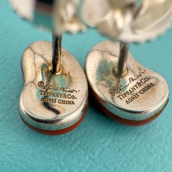 RARE Tiffany & Co. 9mm Red Jasper Bean Earrings Sterling Silver Elsa Peretti
