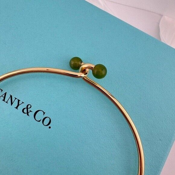 Vtg Tiffany & Co. Jade Bead Wire Bangle Bracelet in 14k Yellow Gold