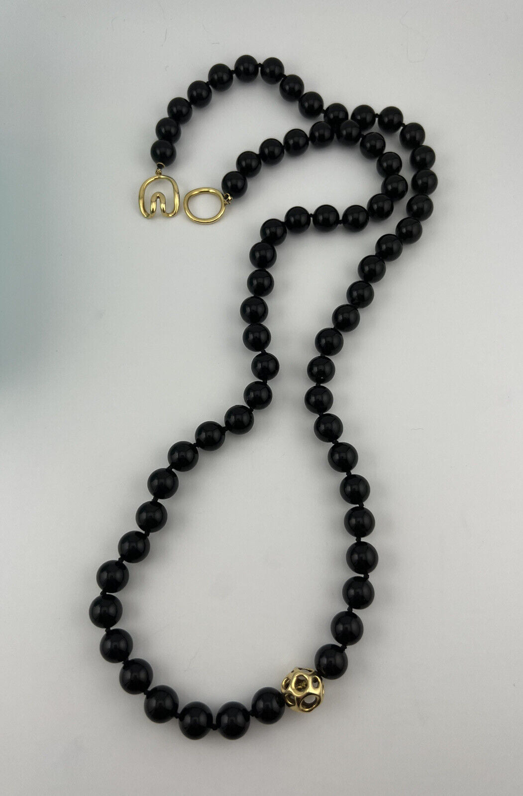1990 Vintage Tiffany & Co. 18k Onyx Bead Necklace w Yellow Gold Accents