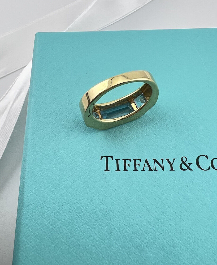 Tiffany & Co. Paloma's Studio Baguette Three-stone Ring Blue Topaz 18k Gold