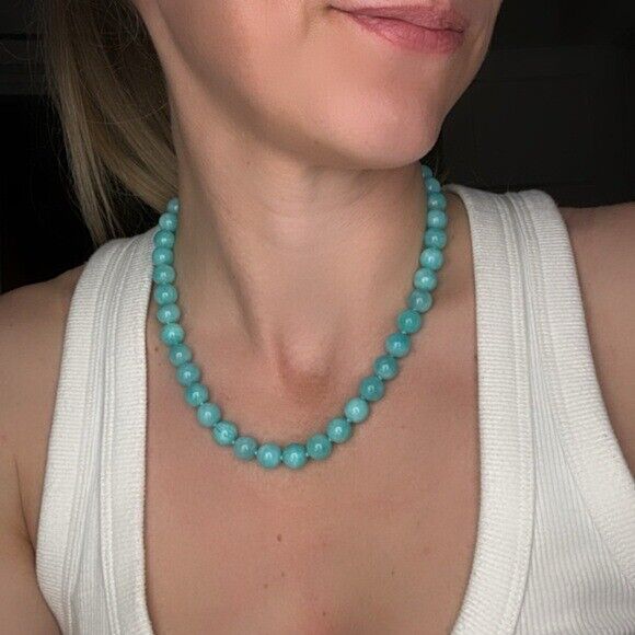 RARE Tiffany & Co. 10mm Amazonite Gemstone Necklace 18" Sterling Silver