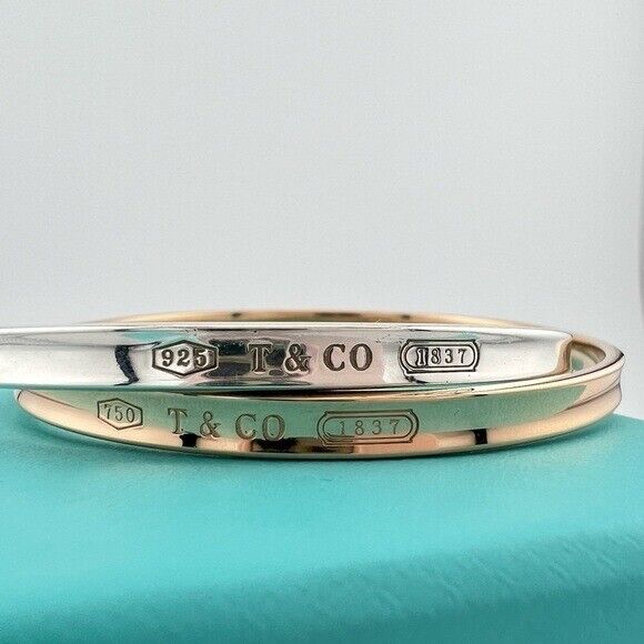 RARE Tiffany & Co. 18k Rose Gold & Silver Interlocking 1837 Bangles Bracelet
