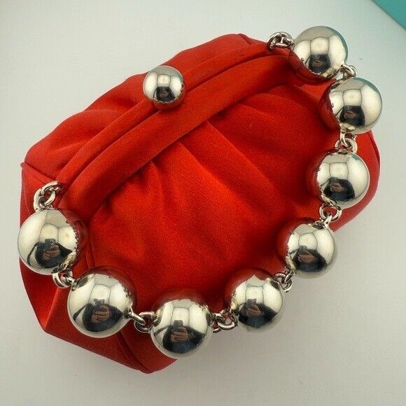 RARE Tiffany & Co. Red Satin Handbag with Silver Ball Bracelet Handle Strap
