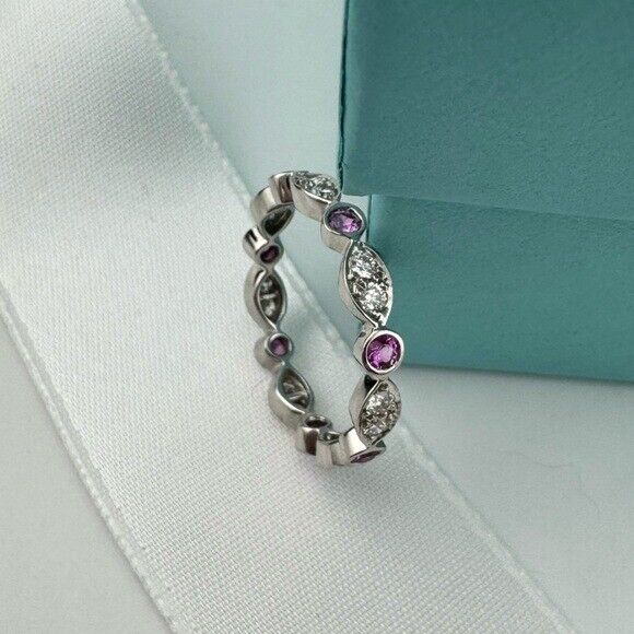 RARE Tiffany & Co. Diamond Jazz Band Ring Platinum with Pink Sapphire 6.75