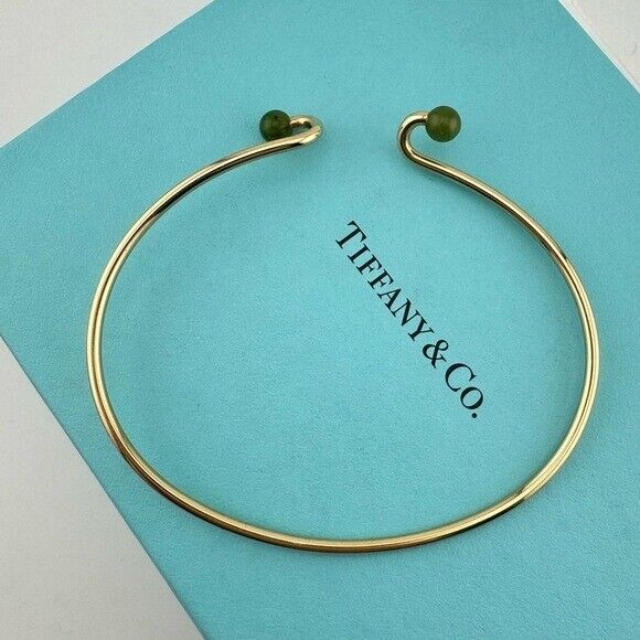 Vtg Tiffany & Co. Jade Bead Wire Bangle Bracelet in 14k Yellow Gold