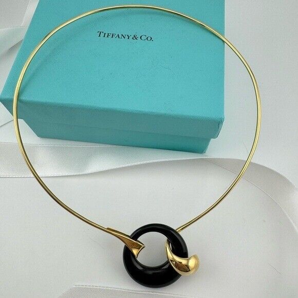 Vintage Tiffany & Co. Elsa Peretti 18k Wire Collar Hook with Carved Black Jade