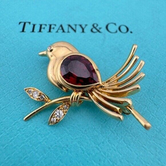 Vintage Tiffany & Co. Garnet Diamond Bird Brooch 18k Yellow Gold from 1988
