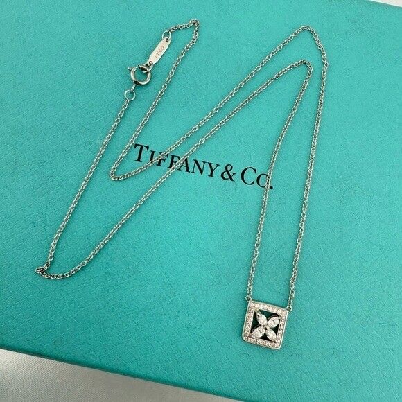 Tiffany & Co. Diamond Victoria Square Outline Pendant 16" in Platinum