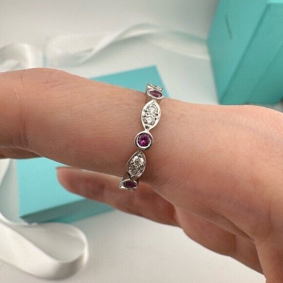 RARE Tiffany & Co. Diamond Jazz Band Ring Platinum with Pink Sapphire 6.75