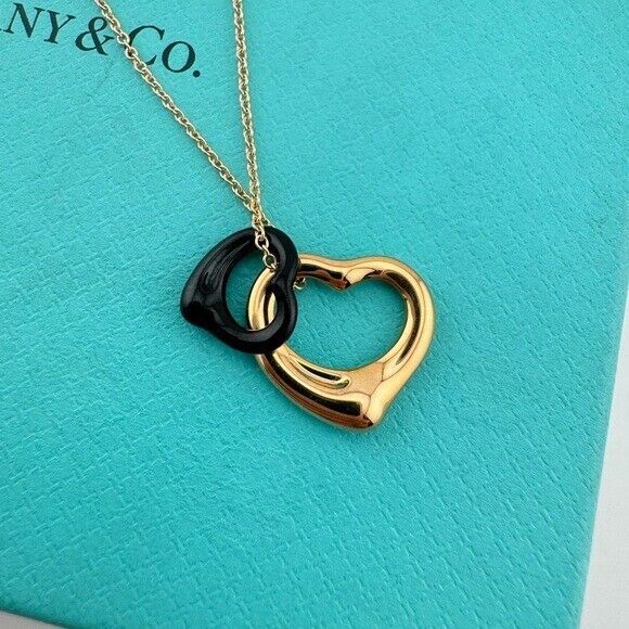 Tiffany & Co. 18K Rose Gold Black Jade Open Heart Necklace 16"