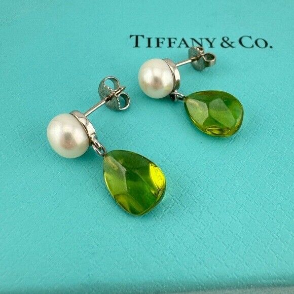 Tiffany & Co. Freshwater Cultured Pearl and Peridot Drop Earrings 18k White Gold