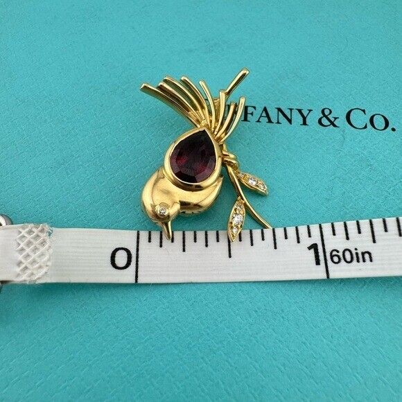 Vintage Tiffany & Co. Garnet Diamond Bird Brooch 18k Yellow Gold from 1988