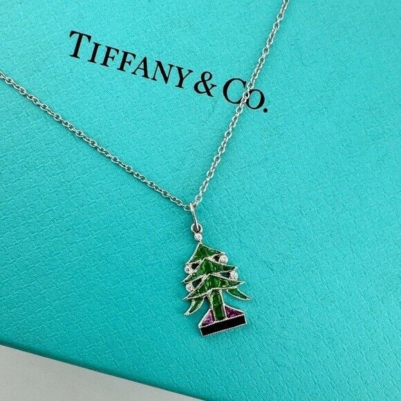 RARE Tiffany & Co. Platinum Christmas Tree Charm Necklace 16"