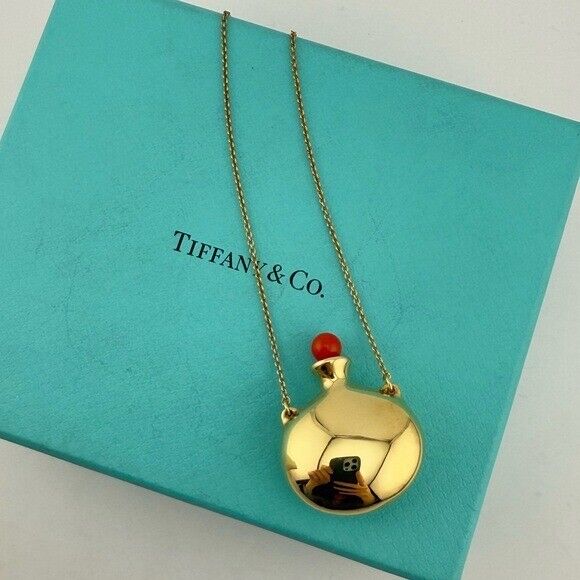 Tiffany & Co. 18k Coral Elsa Peretti Bottle Round Bottle Pendant Necklace 13g